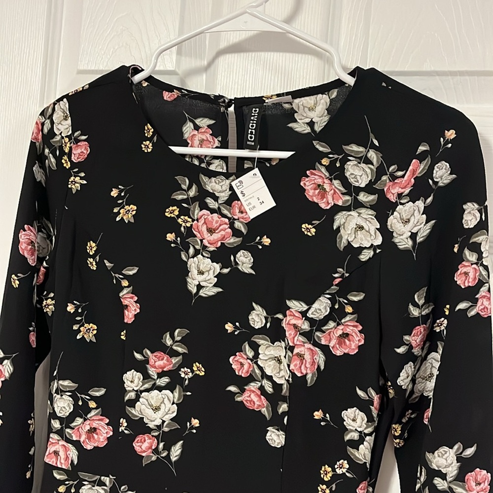 H&M Black Floral Longsleeve Aline Dress - Picture 2 of 7